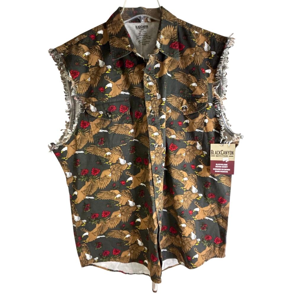 Black Canyon Outfitters 2XL NWT Sleeveless Denim Shirt Bald Eagles Roses